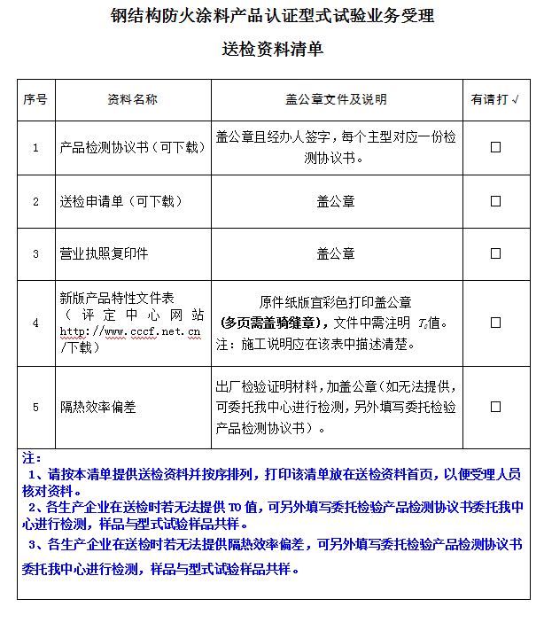 钢结构防火涂料产品认证型式试验业务受理送检资料清单（广东所）