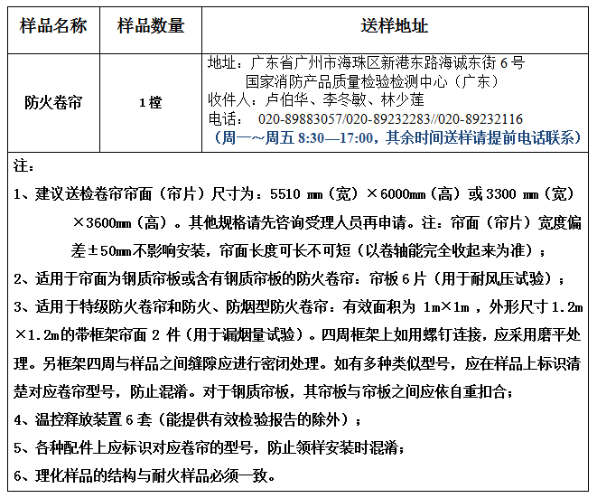 防火卷帘产品认证型式试验业务办理指南（广东所）