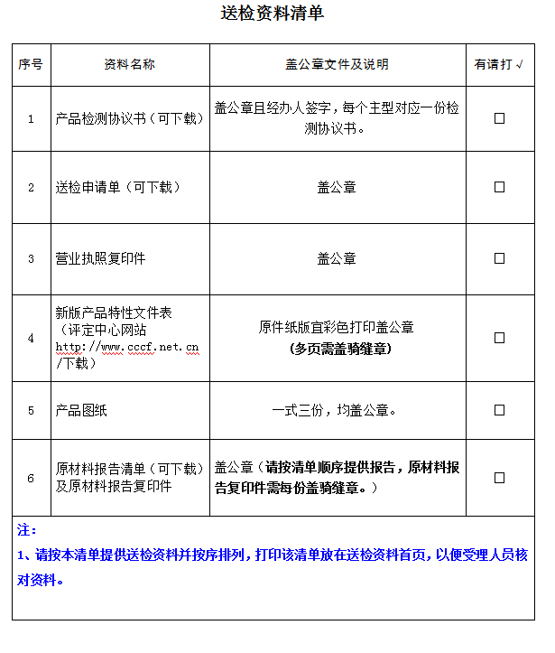 消防水枪产品认证型式试验业务受理送检资料清单（广东所）