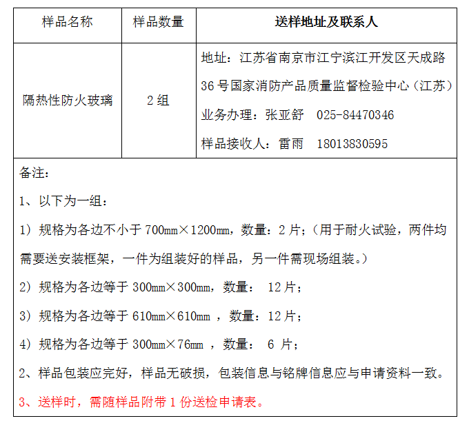 防火玻璃自愿性认证送检文件（江苏所）样品数量及送样要求