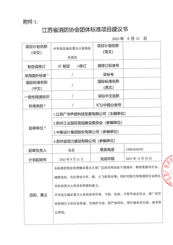 关于团体标准《声学低压细水雾灭火系统技术规范》 立项的公示